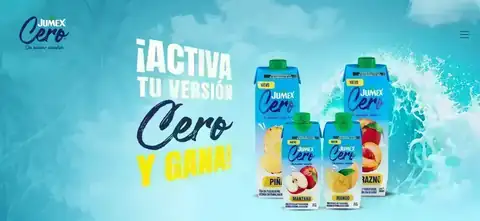 Banner de la promoción Activa tu versión Cero y Gana de Jumex Cero con envases de sabores y llamado a participar