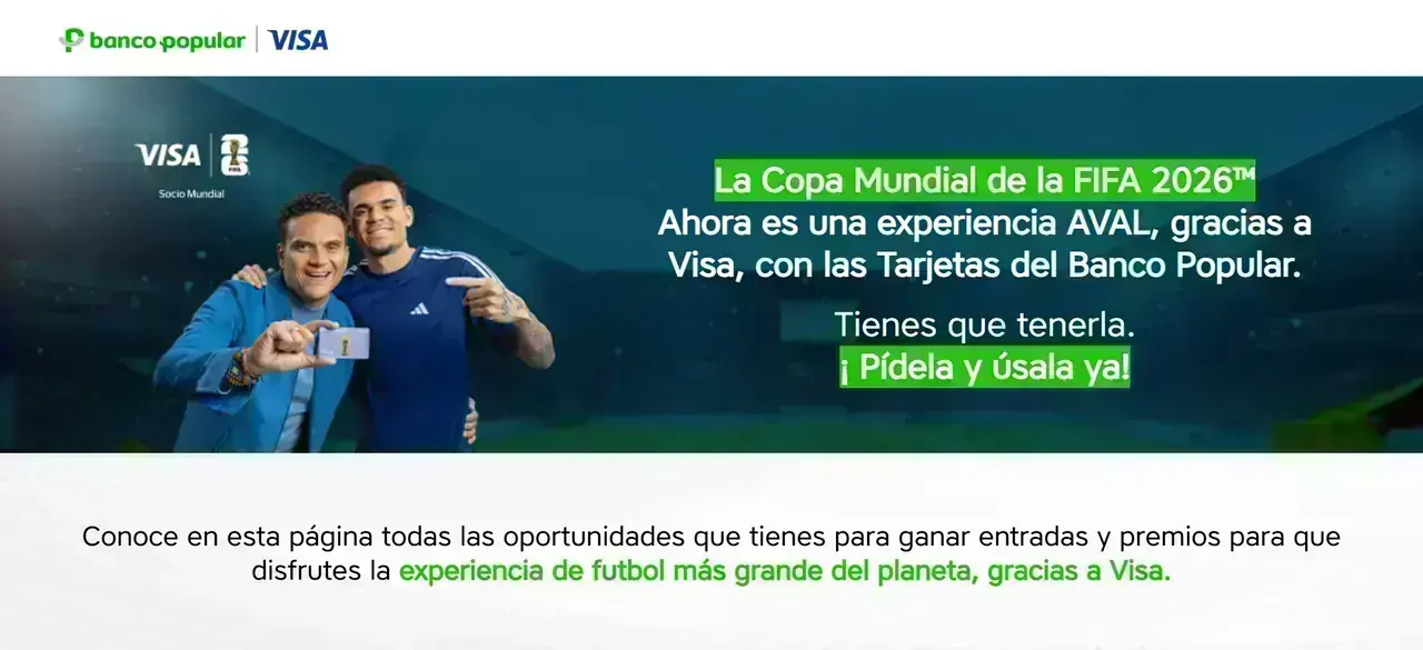 Banco Popular y Visa – FIFA 2026 Banner de Banco Popular y Visa sobre la Copa Mundial de la FIFA 2026 con invitación a pedir y usar la tarjeta
