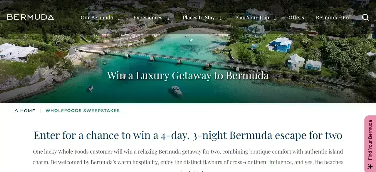 Bermuda Getaway Sweepstakes Bermuda Tourism Authority sweepstakes banner featuring a turquoise bay and the text 'Win a Luxury Getaway to Bermuda'