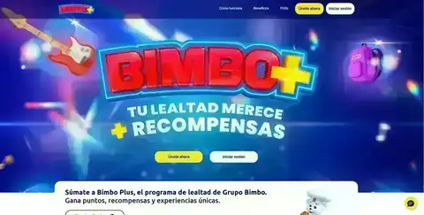 Captura del sitio BIMBO+ con información del programa de lealtad y acumulación de Bimboins