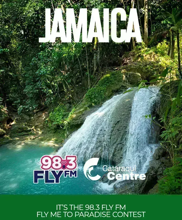 Fly Me to Paradise Contest Fly Me to Paradise contest graphic featuring Jamaica waterfall and CFLY-FM branding