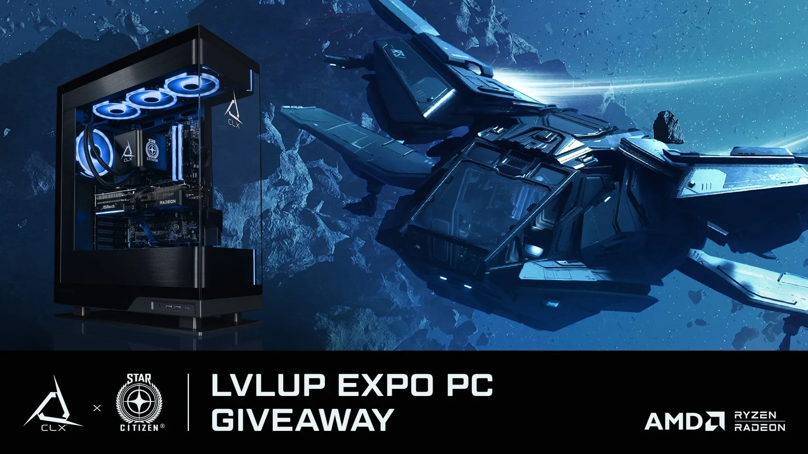 CIG x CLX LVLUP Expo giveaway banner featuring a CLX gaming PC and Star Citizen Aurora MKII prize
