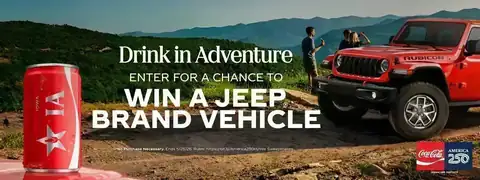 America 250 Hy-Vee Sweepstakes – Win a Jeep Coca-Cola America 250 Hy-Vee Sweepstakes banner featuring a can of Coca-Cola and a red Jeep with text promoting a chance to win a Jeep brand vehicle.