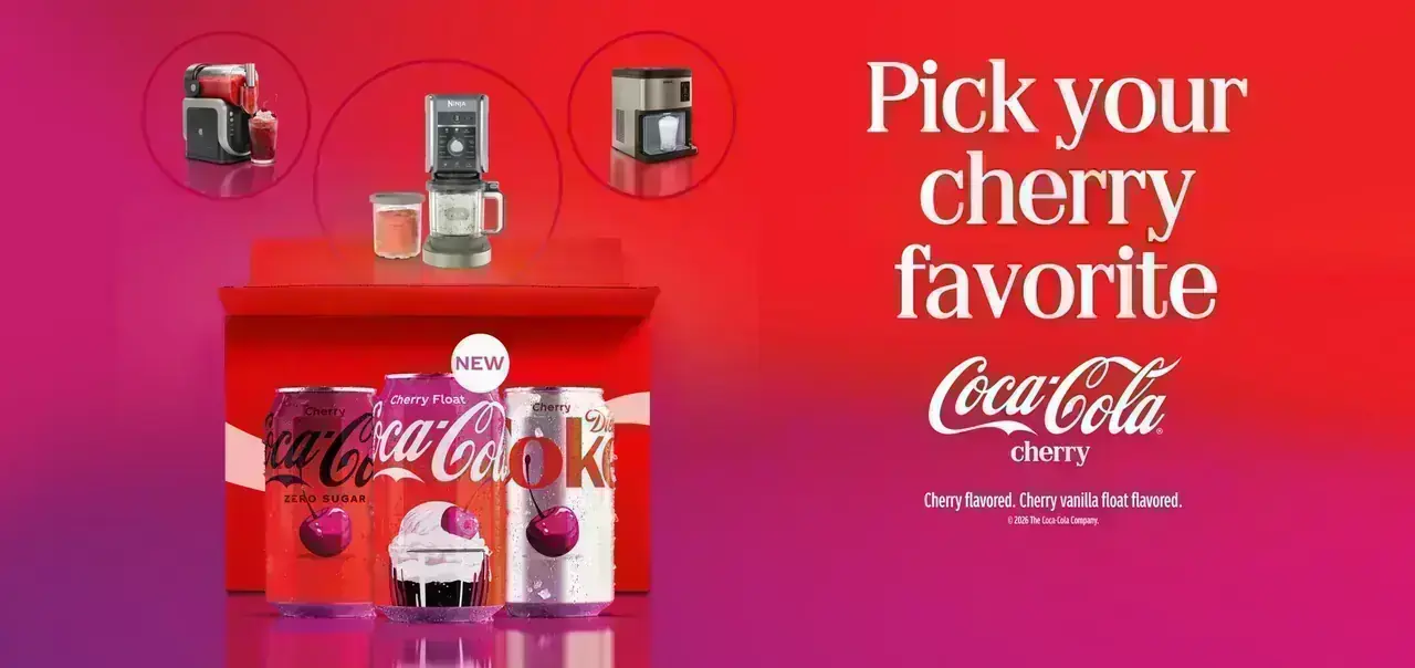 Coca-Cola Year of Cherry promotion featuring Cherry Coke varieties and prize machines (slushie, ice pellet, or ice cream maker).