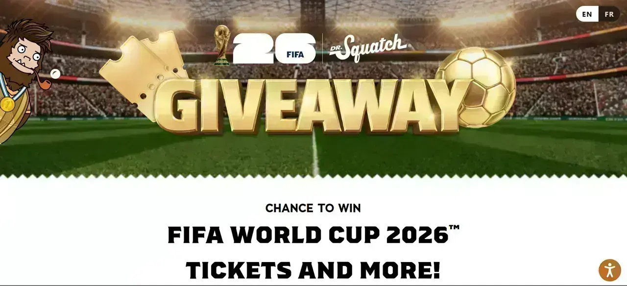 Dr. Squatch FIFA World Cup 2026 Giveaway Dr. Squatch FIFA World Cup 2026 giveaway banner with stadium background and gold 'GIVEAWAY' text