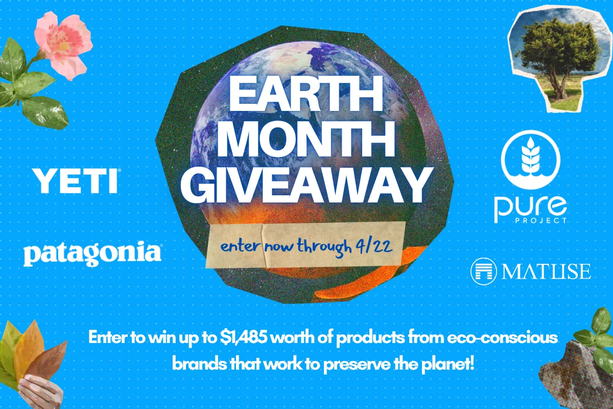 Earth Month Giveaway 2026 prize pack featuring a YETI cooler, Matuse wetsuit, and gift cards