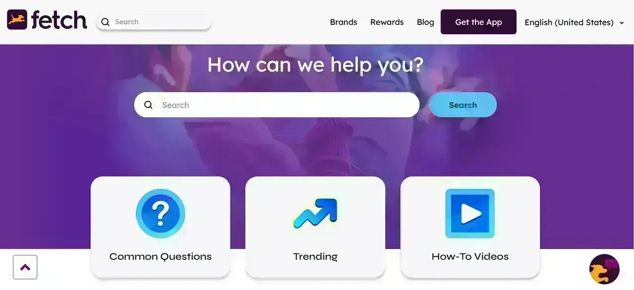 Fetch Crumbl Sweepstakes Fetch Help Center page header with search bar for the Fetch Crumbl Sweepstakes official rules