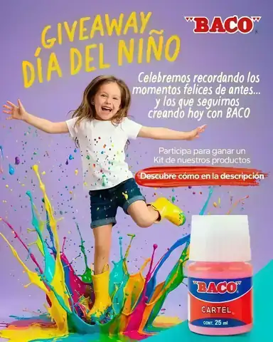 Arte promocional del giveaway de BACO por Día del Niño para ganar un kit de productos