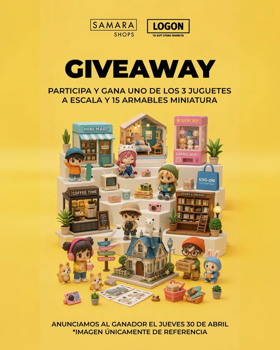 Cartel del giveaway de Samara Shops y Log On con armables 3D en miniatura