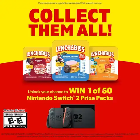 Lunchables Nintendo Switch 2 Sweepstakes Lunchables promotion banner: Collect Them All and enter to win one of 50 Nintendo Switch 2 prize packs
