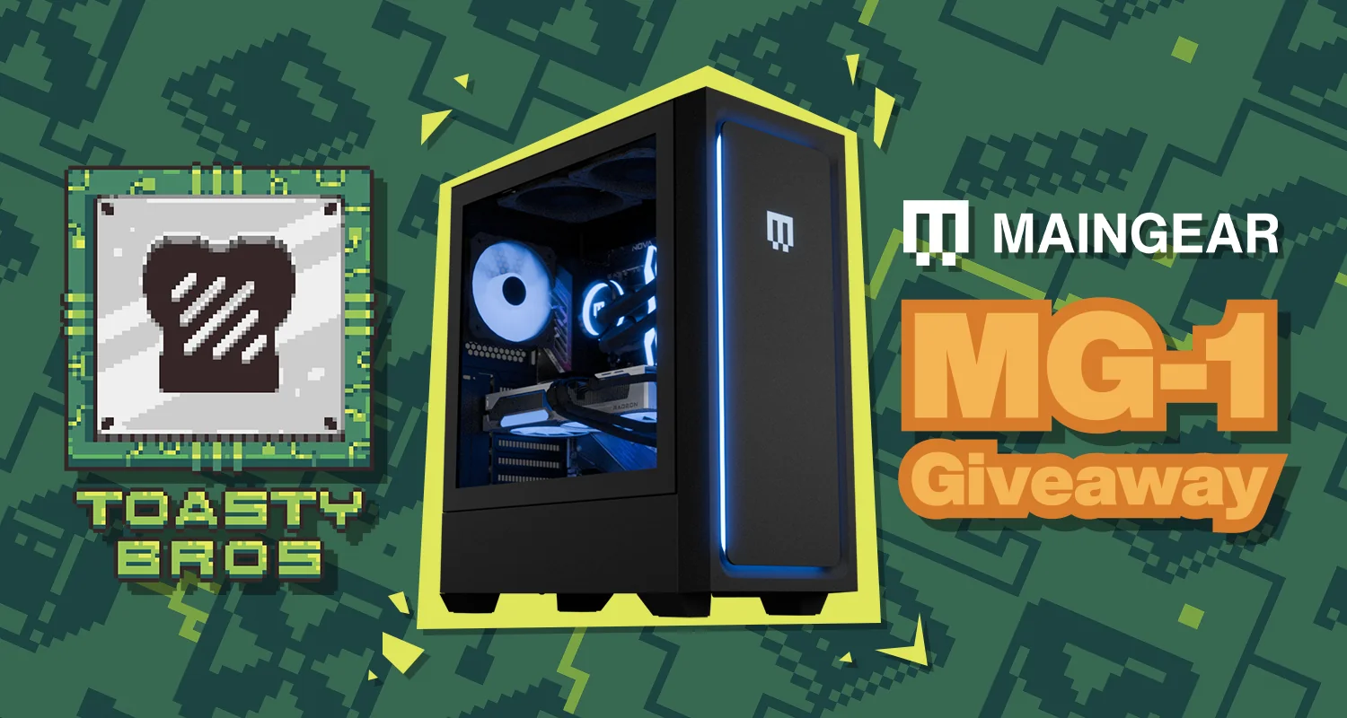Promotional banner for the MAINGEAR MG-1 PC giveaway featuring Ryzen 7 9850X3D and Radeon RX 9070 XT