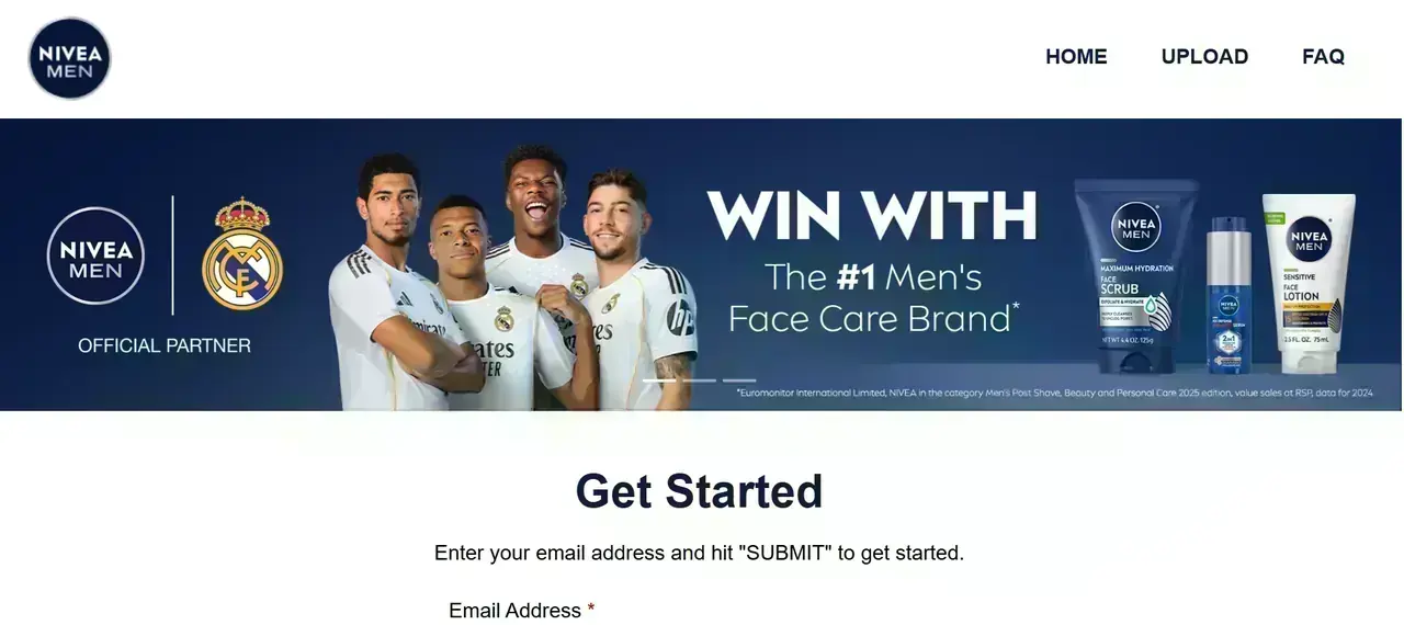NIVEA MEN Sweepstakes Entry NIVEA MEN sweepstakes entry page with fields for email address and mobile phone number