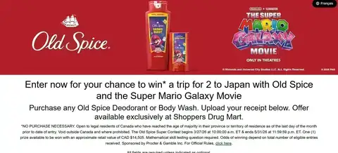 Old Spice Super Contest (Canada) Old Spice Super Contest entry page promoting a trip for two to Japan