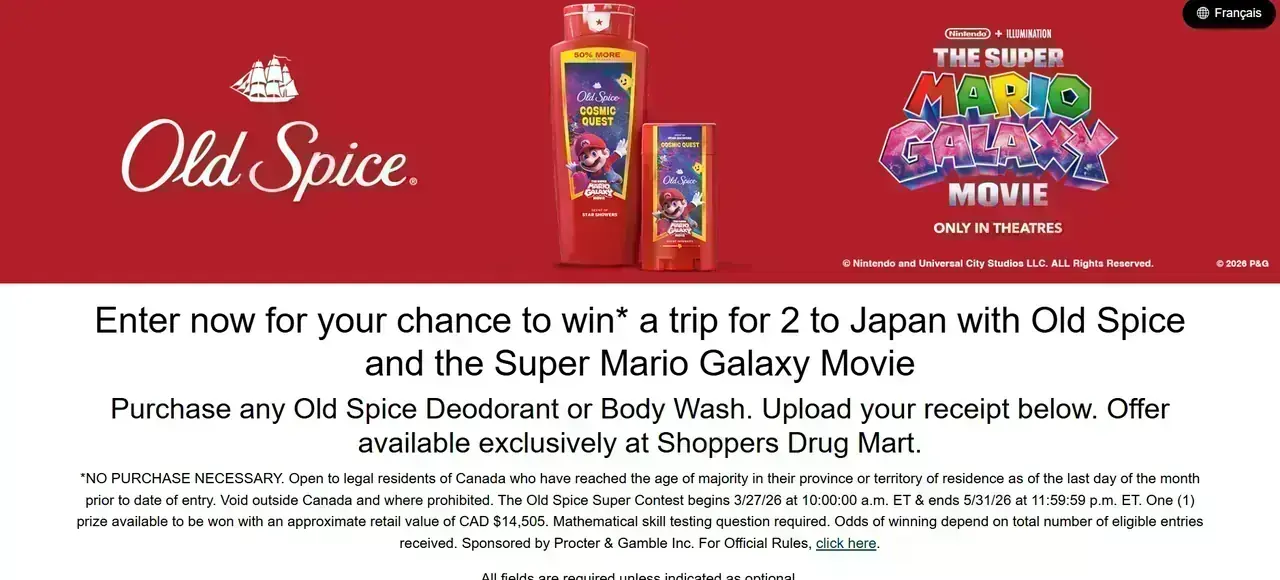 Old Spice Super Contest (Canada) Old Spice Super Contest entry page promoting a trip for two to Japan