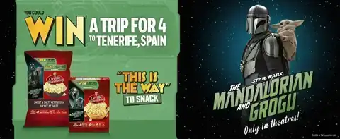 Win a trip for 4 to Tenerife, Spain Orville Redenbacher contest banner offering a trip for 4 to Tenerife, Spain themed around The Mandalorian and Grogu