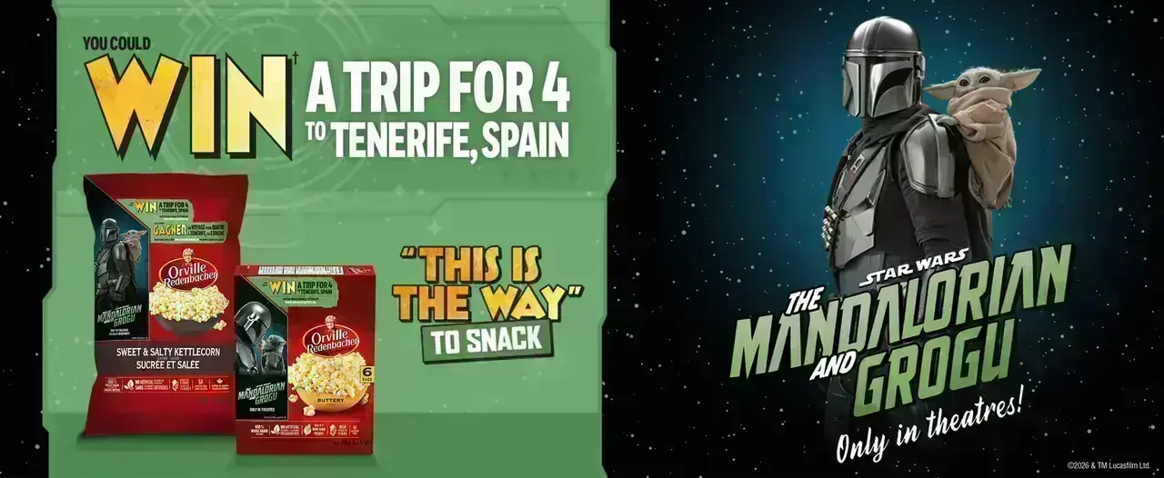 Win a trip for 4 to Tenerife, Spain Orville Redenbacher contest banner offering a trip for 4 to Tenerife, Spain themed around The Mandalorian and Grogu