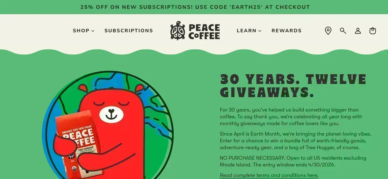 Peace Coffee giveaway page showing the Giveaway of the Moment promotion