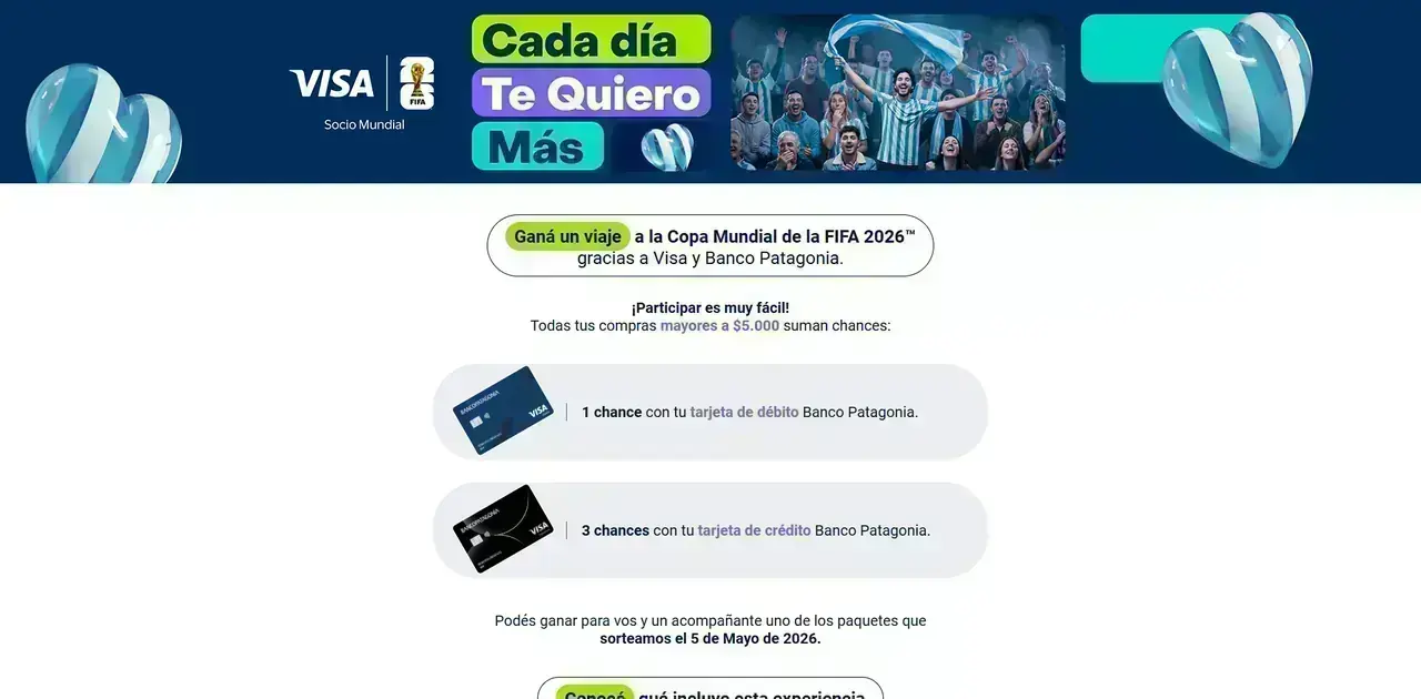 Promo Banco Patagonia Mundial 2026 Banner de la promo Banco Patagonia y Visa para ganar un viaje a la Copa Mundial de la FIFA 2026
