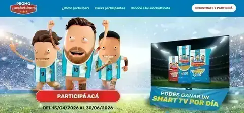 Banner de la Promo Lucchettineta con personajes futboleros y el mensaje “Podés ganar un Smart TV por día”