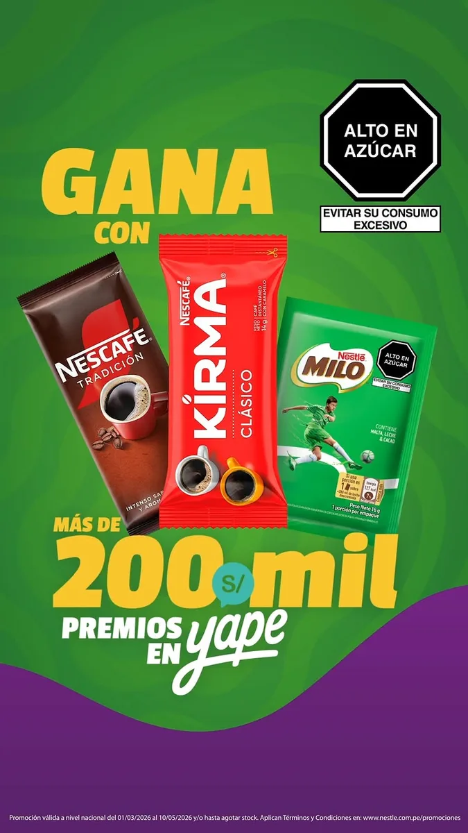 Imagen promocional de la Promo Yape con productos Nescafé, Kirma y Milo