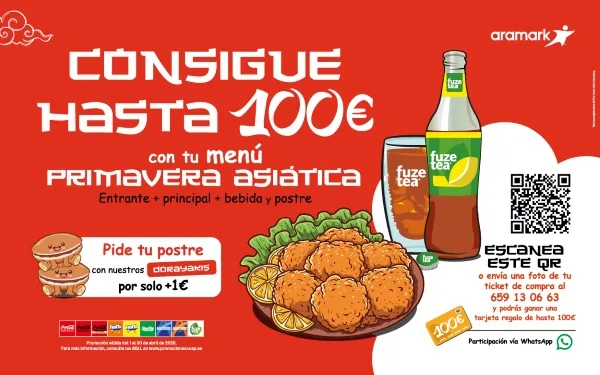 Promoción Aramark Menú Primavera Asiática con bebidas Coca-Cola para ganar tarjetas VISA virtuales