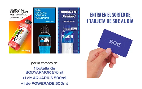 Promoción Hidratación Regalos Fantásticos con Aquarius, Powerade y Body Armor y premio de tarjeta regalo Decathlon