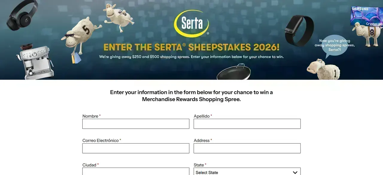 Serta Sheepstakes 2026 Serta Sheepstakes 2026 giveaway banner promoting $250 and $500 shopping sprees