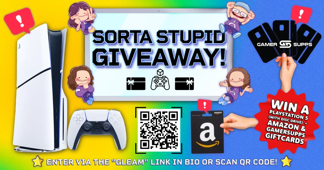 Banner for the Sorta Stupid PS5 Giveaway on Gleam featuring a PS5 prize and gift cards.