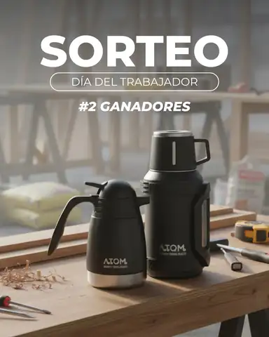 Publicación de Instagram de Termos Atom anunciando sorteo Día del Trabajador con Termo Aconcagua y Jarra Evolution como premios