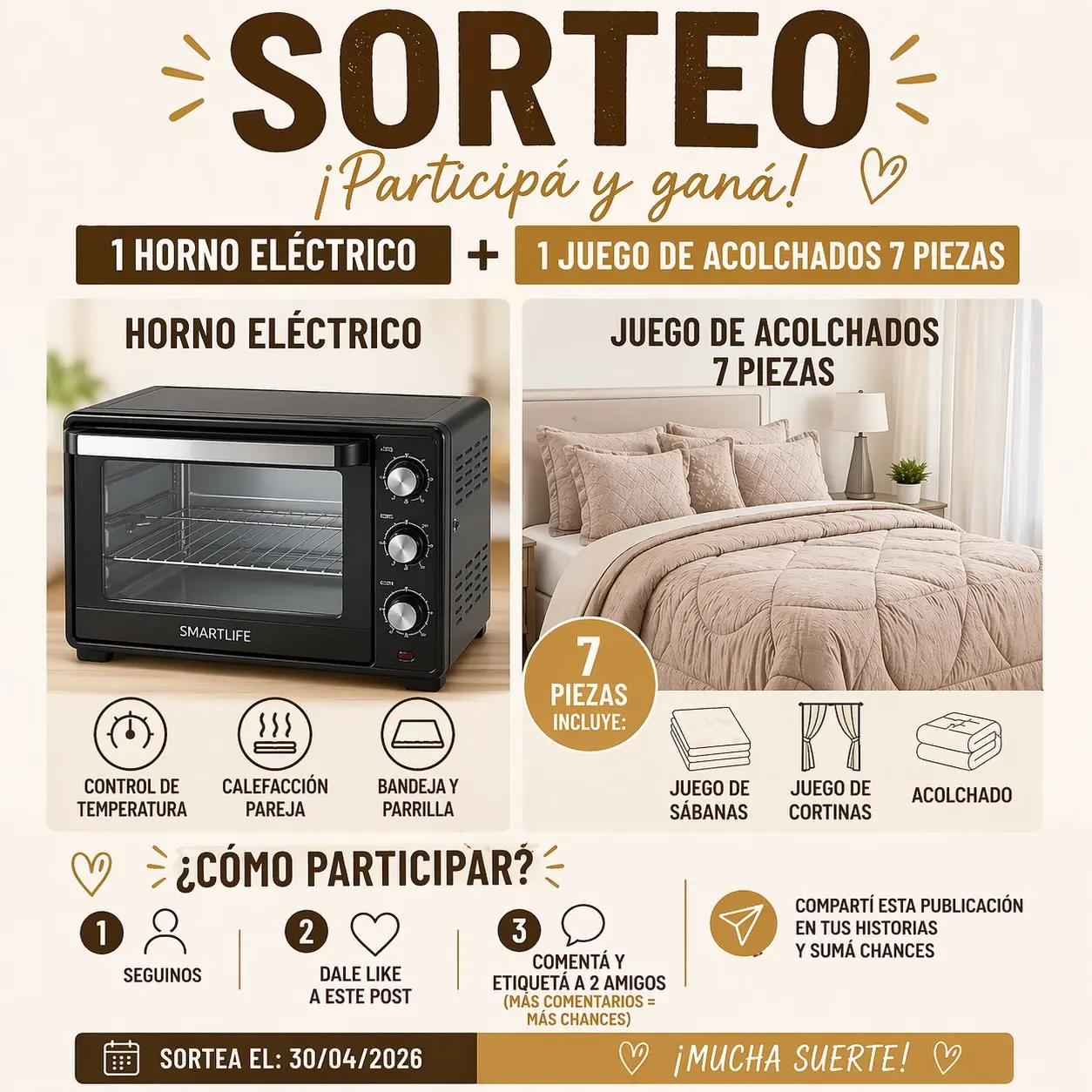 Sorteo en Instagram: horno eléctrico y juego de acolchados 7 piezas