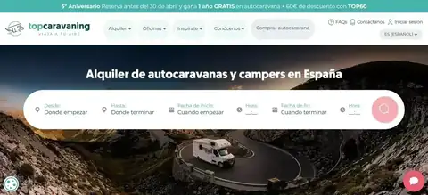 Banner del 5º aniversario de Topcaravaning con el sorteo de 1 año gratis en autocaravana