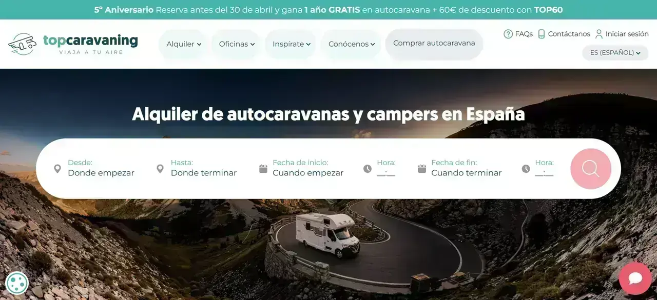 Banner del 5º aniversario de Topcaravaning con el sorteo de 1 año gratis en autocaravana