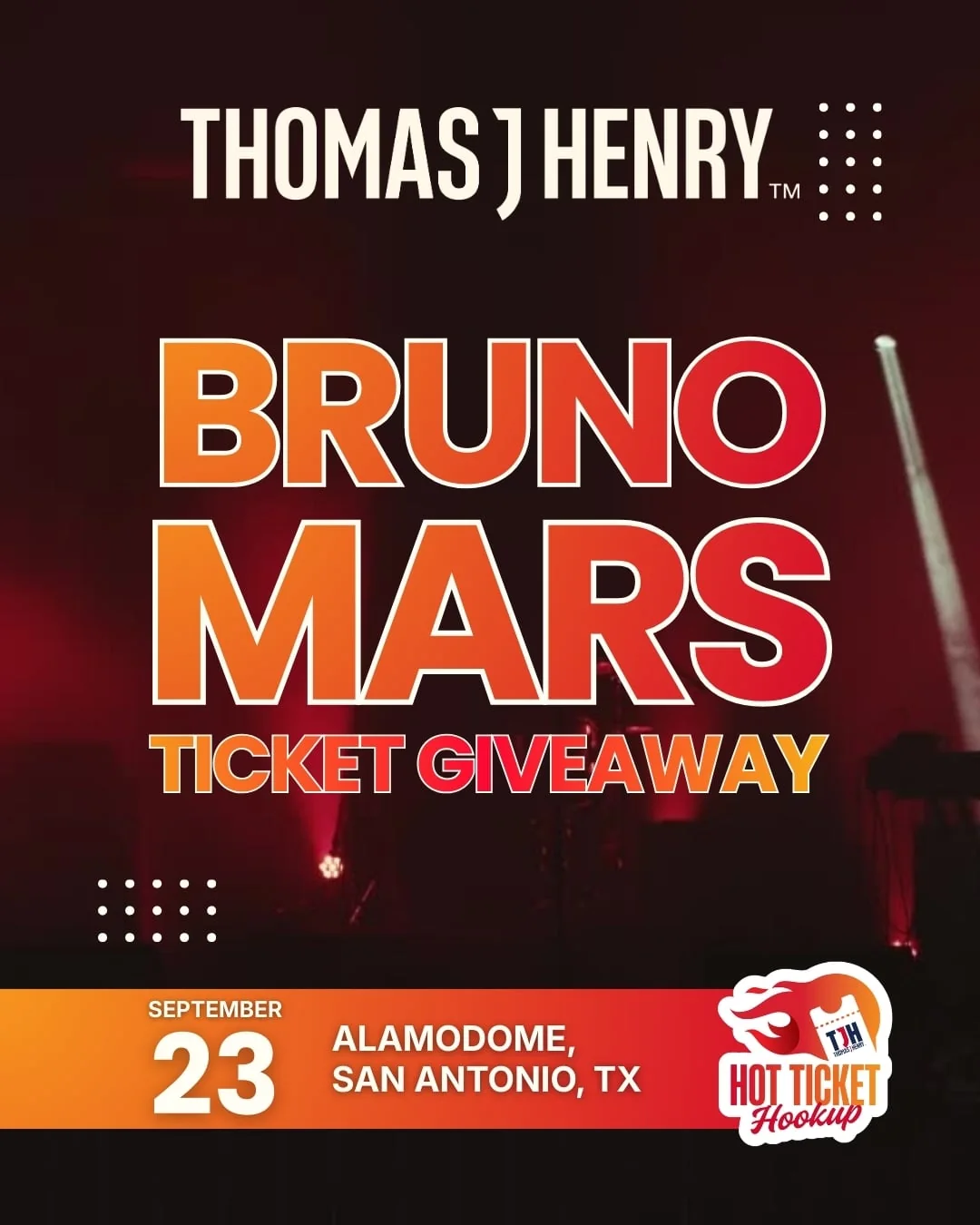 Promotional image for TJH Hot Ticket Hookup giveaway featuring Bruno Mars tickets in San Antonio