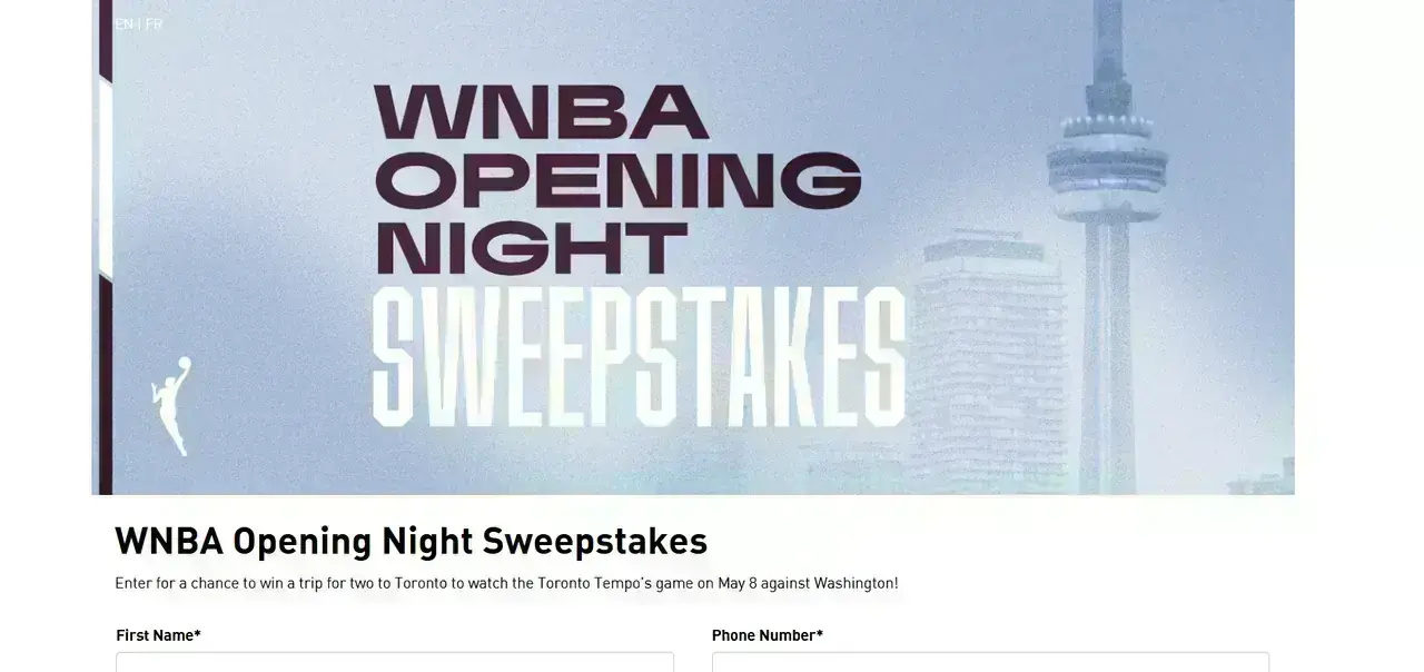 Toronto Tempo Tip-Off Sweepstakes WNBA Opening Night Sweepstakes banner for the Toronto Tempo tip-off contest