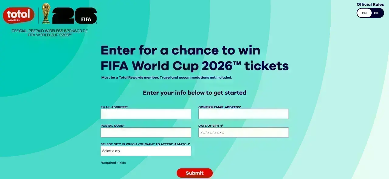 Win FIFA World Cup 26 Tickets Total Wireless FIFA World Cup 26 ticket sweepstakes entry page