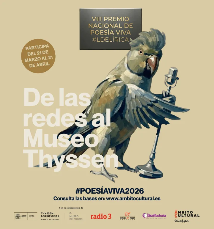 Cartel del VIII Premio Nacional de Poesía Viva #LdeLírica con un ave frente a un micrófono