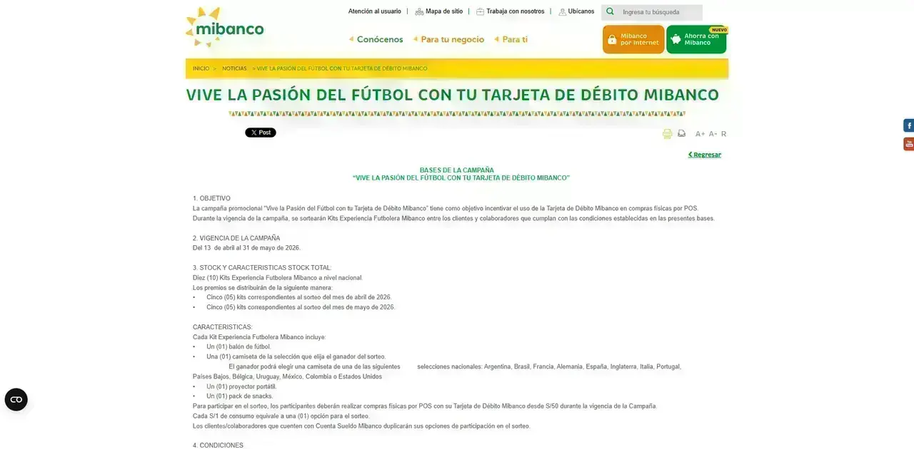 Bases de la campaña Vive la Pasión del Fútbol con tu Tarjeta de Débito Mibanco